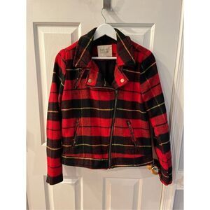 Thread & Supply Black Red Gold Plaid Moto Jacket sz M EUC